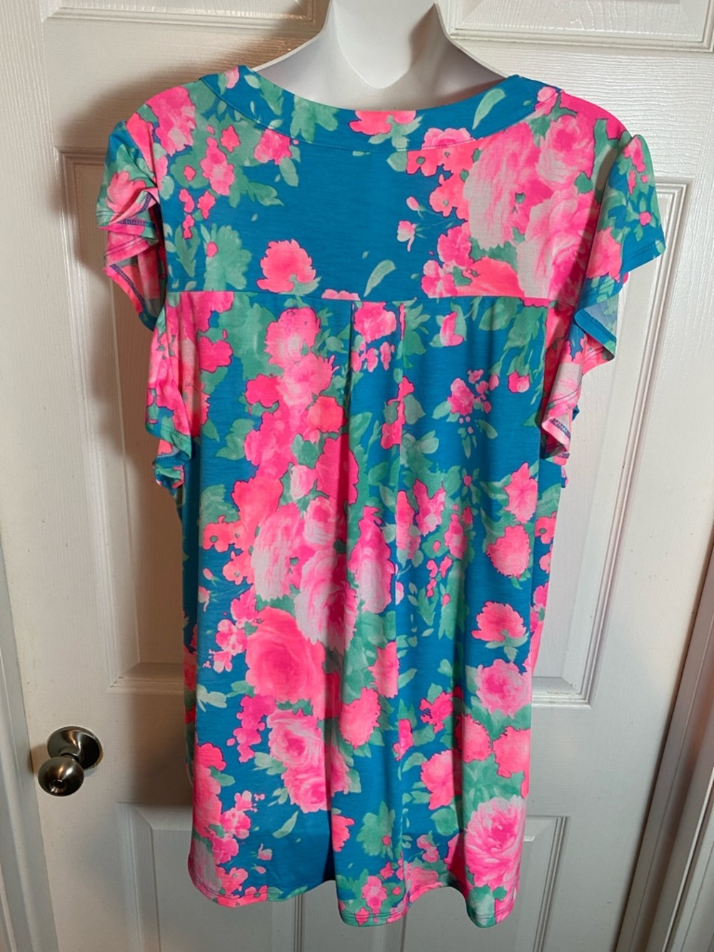 Dear Scarlett Teal Tunic with Neon Tropical Pink Floral Print - Picture 7 of 10